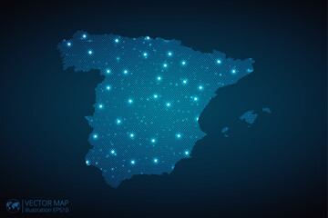 Spain map radial dotted pattern in futuristic style, design blue circle glowing outline made of stars. concept of communication on dark blue background. Vector illustration EPS10