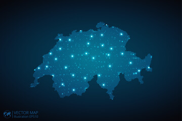 Obraz premium Switzerland map radial dotted pattern in futuristic style, design blue circle glowing outline made of stars. concept of communication on dark blue background. Vector illustration EPS10