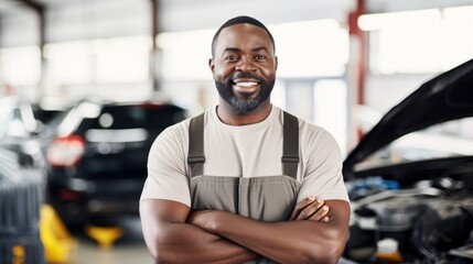 Joyful car expert poses with a smile at the auto repair garage.