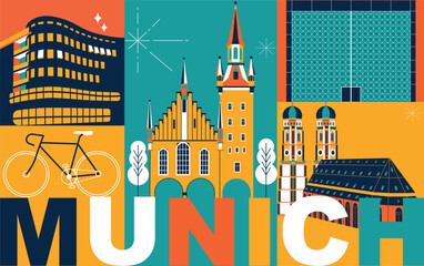 Typography word “Munich” branding technology concept. Collection of flat vector web icons. Culture travel set, famous architectures, specialties detailed silhouette. German famous landmark