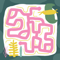 Cute dinosaur doodle maze with dinos, plants. Jurassic era puzzle for kids, children. Funny cartoon style labyrinth with adorable characters