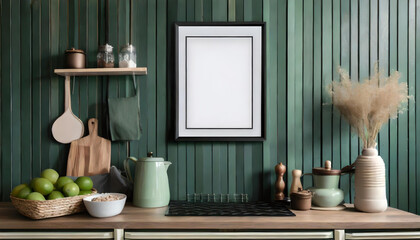 Mock up poster frame in kitchen interior and accessories with dark green wooden slatted wall - obrazy, fototapety, plakaty