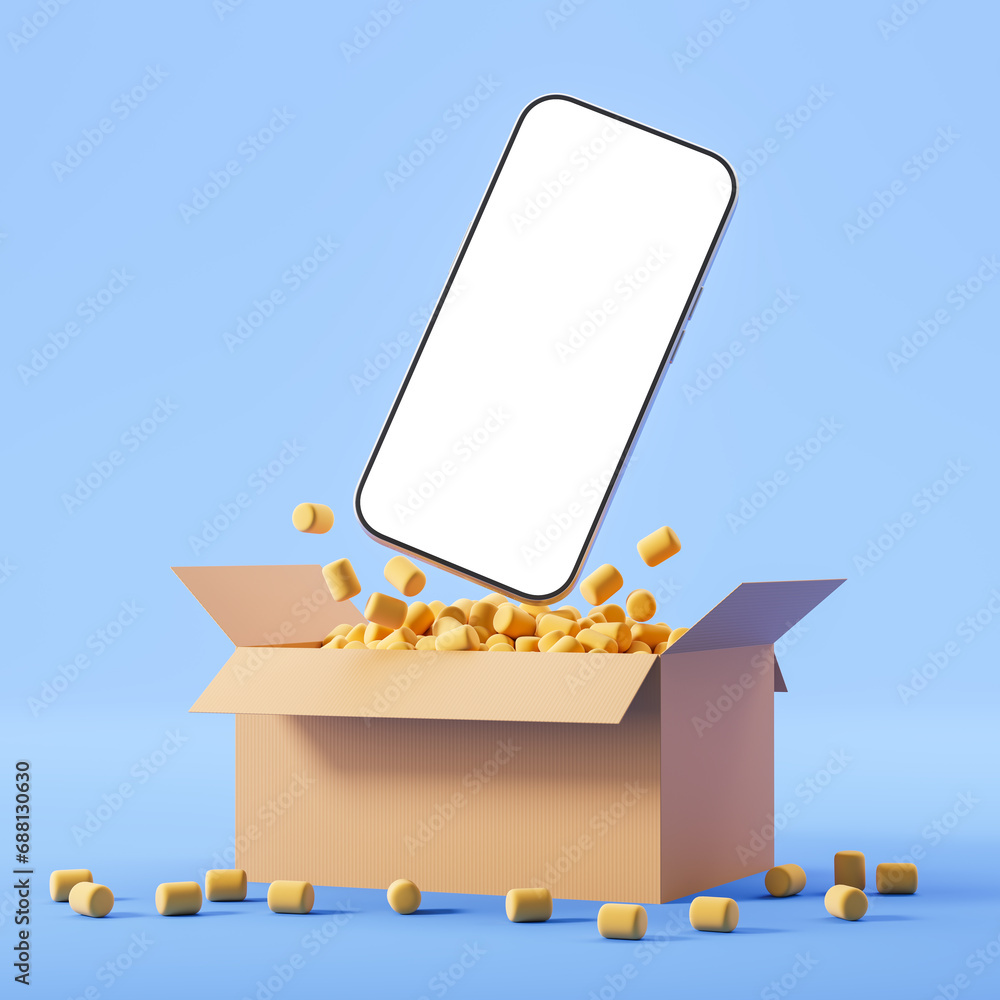 Poster Smartphone with a empty screen flies out of cardboard box. Concept of online order and delivery parcels from store. Mock up. 3d rendering