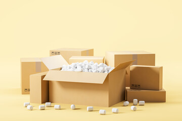 Open cardboard box with a soft filler among closed boxes on a yellow background. Concept of order delivery, parcels, moving and shipment. 3d rendering
