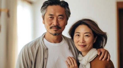 At home, an Asian couple in their middle age shares a loving moment, wrapped in each other's arms.