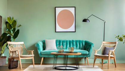 Ellipse Table and Two Chairs Near Mint Sofa Against Light Green Wall with Art Frame Poster