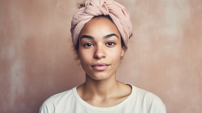 Authentic closeup portrait of a Moroccan woman with imperfect skin, confidently looking at the camera against a light beige backdrop.