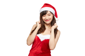 Christmas theme beautiful mixed asian and Caucasian young lady in red Santa costume with Santa hat smiling happily with excitement about celebration or promotion content white and grey background