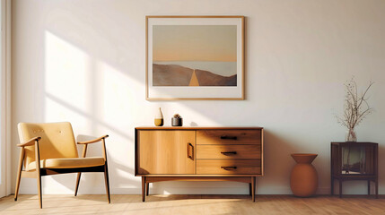 Chair Near Wooden Cabinet and Art Poster on White Wall