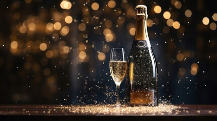 Glass of champagne and bottle standing on table gold glitter background, golden shining bokeh backdrop. New year eve, Christmas party sparkling banner template with copy space for text - obrazy, fototapety, plakaty