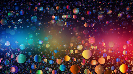 Obraz na płótnie Canvas Abstract glowing circles and bubbles on a multi-colored rainbow colorful bokeh background. Blurred shiny, glowing festive backdrop for xmas, party, holiday, birthday, invitation.
