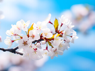 Branches of blossoming apricot macro with soft focus on gentle light blue sky background with copy space