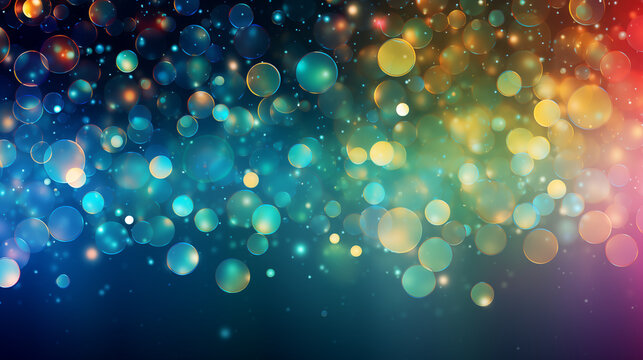 Abstract glowing circles and bubbles on a multi-colored rainbow colorful bokeh background. Blurred shiny, glowing festive backdrop for xmas, party, holiday, birthday, invitation.