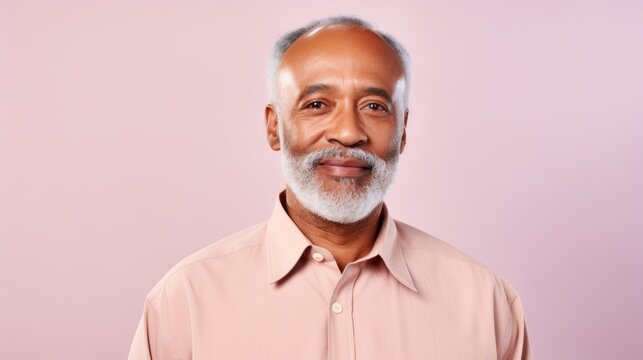 A joyful elderly man with diverse skin tones smiles against a soft beige-pink studio backdrop.