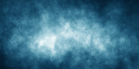 Blue color dust particles explosion cloud on black background. grunge dark blue textured stone wall background.  blue color paint texture.  dramatic smoke in the room - overlay for Photoshop. - obrazy, fototapety, plakaty
