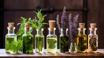 bottles of oil and lavender on a wooden background