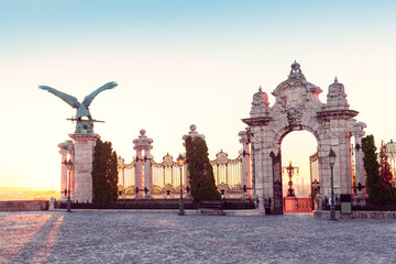 The Turul Bird Statue at the gate entrance to the Royal Palace, Castle Hill District (Varhegy),...