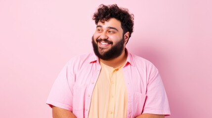 Happy plus-size gentleman in trendy pastels strikes a pose against a studio's pinkish-beige backdrop.