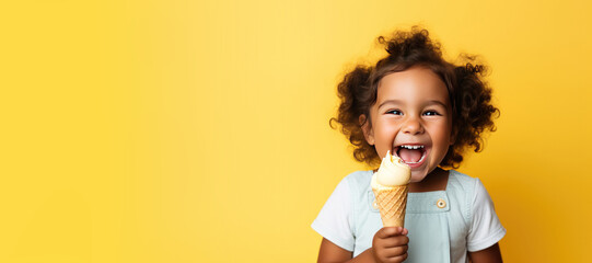 Cute Young Girl Eating an Ice Cream on a Yellow Background with Space for Copy