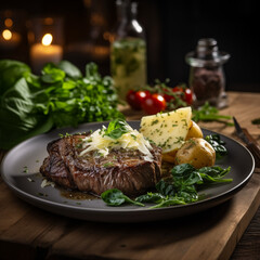  Beautifully prepared Steak Dinner with Salad, Close up potato, steak and salad on a wooden table with melted cheese and fresh basil leaves Styled like a high-end food magazine advertisement photo