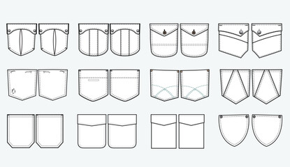 Jeans and denim Patch pocket flat sketch vector illustration set, different types of Clothing Pockets for jeans pocket, sleeve arm, cargo pants, dresses, bag, garments, Clothing and Accessories - obrazy, fototapety, plakaty