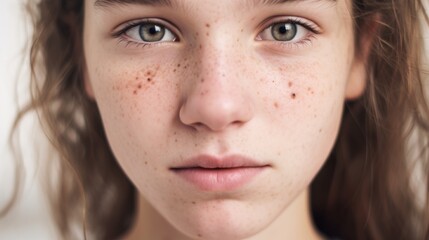 Fototapeta premium Flawed skin portrayed confidently in a closeup against a beige setting.