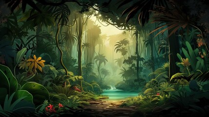 AI illustration cartoon of tropical jungle with palm trees vegetation and a lake. Landscapes, nature - obrazy, fototapety, plakaty
