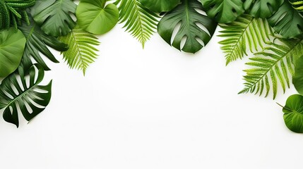Horizontal AI illustration. Tropical palm leaves forming an arc, on white copy space. Nature concept