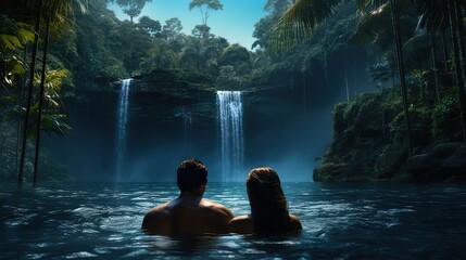 Horizontal AI illustration. Couple bathing in a tropical lake. Concept landscape, nature.