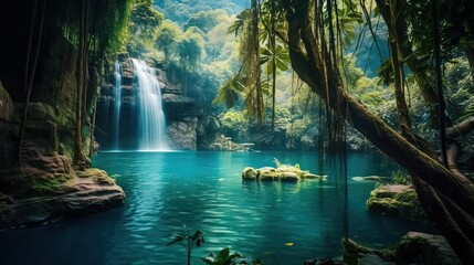 Horizontal AI illustration. Lake with waterfall in a tropical forest. Concept landscapes, nature.
