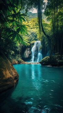 Vertical AI illustration. Lake with waterfall in a tropical jungle. Concept landscapes, nature.