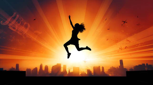 silhouette of a person jumping,silhouette of a dancing child,silhouette of a dancing girl
