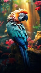 Obraz premium Vertical AI illustration. Tropical parrot perched on a branch. Concept animals, nature.