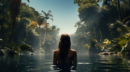 Illustration AI woman on her back in the river of a tropical forest taking a bath. Landscape, nature