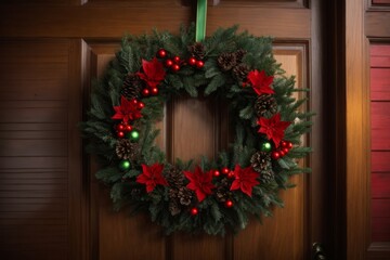 Fototapeta na wymiar Festive Christmas Wreath on Wooden Door