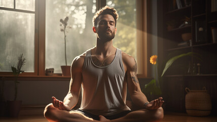 young man meditating on the floor at home, meditating in lotus pose, meditating