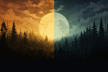 transition between day and night in the dark forest