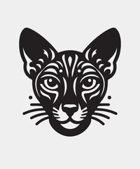 Black cute skinny cat with big ears. Oriental breed, Sphynx, peterbald. Simple black illustration, icon, logo