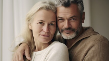 Obraz na płótnie Canvas A loving portrait of a middle-aged European couple cuddling.