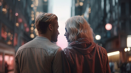 Fototapeta premium Back view of a young couple standing together outdoors 