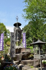 田谷の洞窟のある定泉寺の弘法大師像です。田谷の洞窟は詳しくは田谷山瑜伽洞と称し、もと鶴ケ岡廿五坊の修禅道場でした。洞窟は定泉寺本堂の裏手にあり、上下三段構造で全長はおよそ1キロメートルほどと推定されています。拝観には定泉寺の受付に拝観料を納めます。洞窟内には電灯が整備されていますが薄暗いため、受付でローソクをもらい、それを灯して洞窟に入ります。