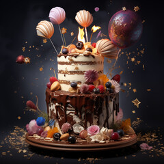 Delicious cake, floating in the air with balloons Food Professional Photography advertising photography Generative AI