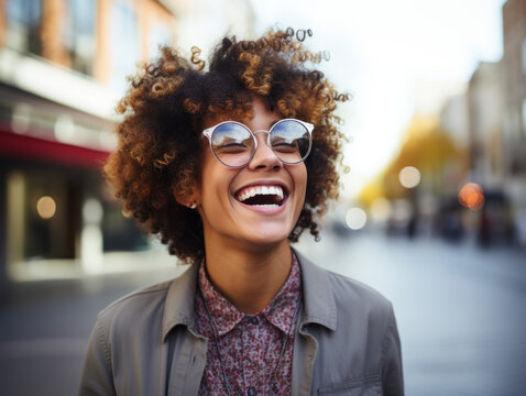 Portrait of happy nonbinary man with eyeglasses laughing