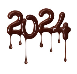 Date of the New Year 2024 made of melted chocolate, isolated on white background