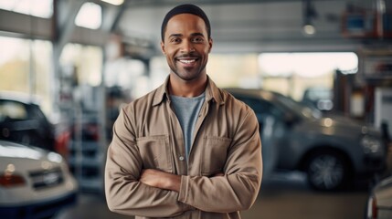 Fototapeta premium Smiling car professional strikes a confident pose in the repair garage.