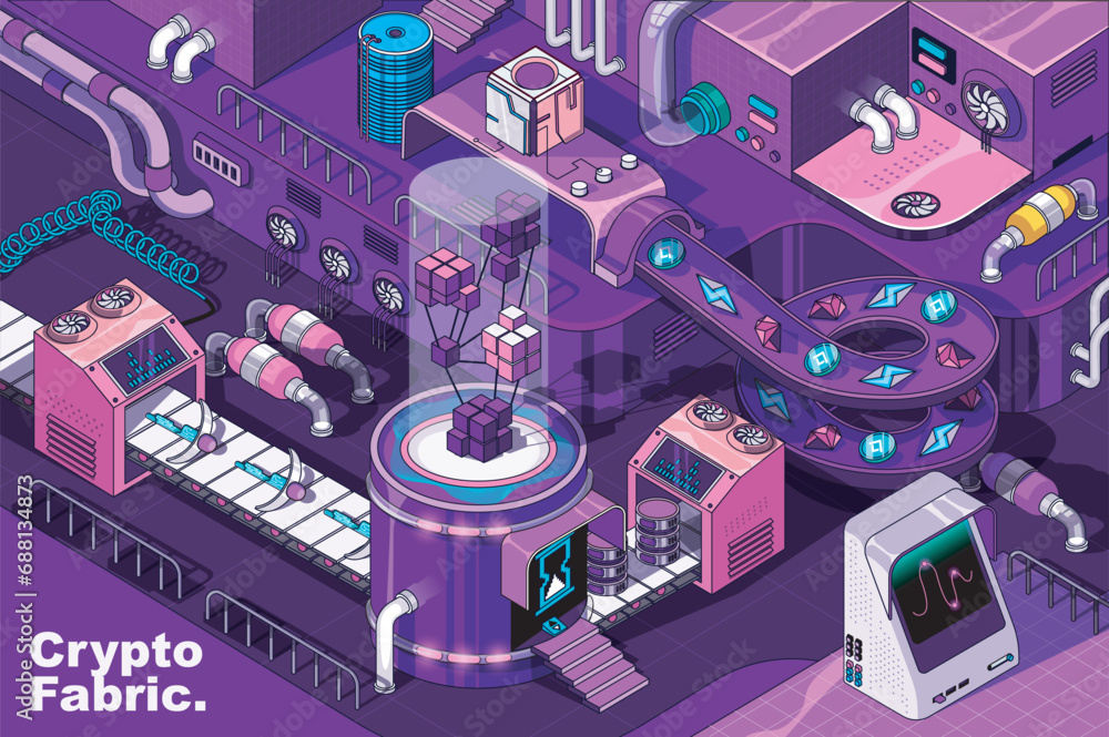 Poster crypto mining web concept in 3d isometric design. cryptocurrency virtual farming, online trading coi