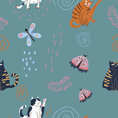 Funny cartoon drawing of funny hand drawn cats in flat style illustration with butterflies.
Vector illustration, suitable for cat cafe, pet friendly cafe. Seamless pattern.