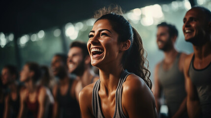 Laughter and Unity in a Group Fitness Class, Symbolizing Joy and Togetherness During Exercise