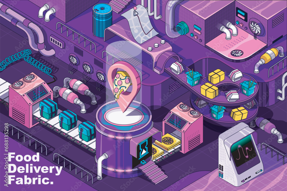 Poster food delivery web concept in 3d isometric design. fast courier shipping pizza orders to home locatio