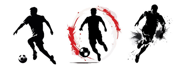 Group of soccer players playing soccer together, athletic male athletes silhouettes, black and white vector decorative graphics